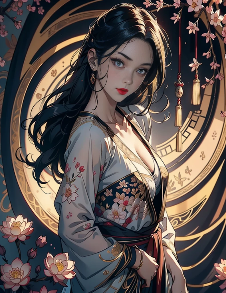 1female,45 yers old,Married Woman,plum,extremely large bosom,(Background with:ponds,Cherry blossom forest,lotus flower)standing on your feet, She has short black hair,seen from the front, mostly cloudy sky,masterpiece,(Very detailed CG unity 8K wallpaper),best quality,cinematic lighting,detailed back ground,beautiful detailed eyes,Bright pupils,Black eyes,Red lip, Very fine and beautiful,Beautiful and detailed eye description, ultra - detailed,masterpiece, facing at camera,A high resolution,ultra - detailed, Vibrant brushstrokes, Emotions should be dynamic, Upper body, Drawing, illustration, golden ratio, 8k cinematic