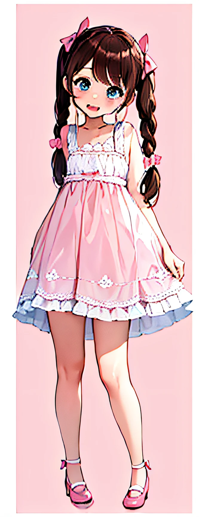 1girl, li, brown hair, braided pigtails with pink bows, blue eyes, wearing a white dress, pink mary jane shoes, absurdres, high res, ultrasharp, 8K, masterpiece, looking at viewer, smiling