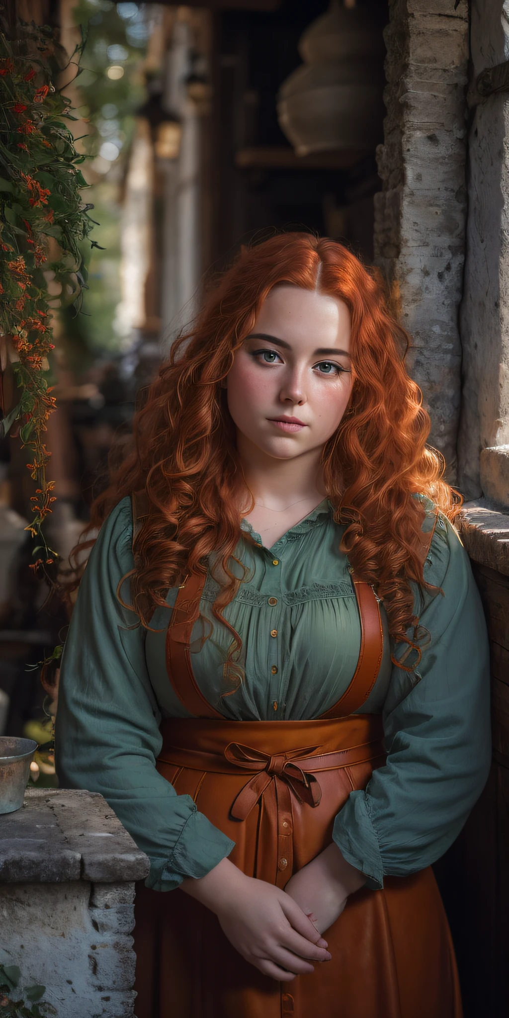 Photo of a 25-year-old European girl, Raw, Beautiful fat woman, (Very long wavy red hair), ((portraite of a)), ((detailized face:1.2)), ((Detailed facial features)), (Finely detailed leather), pale skin, ruddy, Country woman costume with apron, Wednesday Village Morning, (warm colours), humid, humid, reflections, (tmasterpiece) (perfect proportion)(foto realista)(beste-Qualit) (Detailed), shot on a Canon EOS R5, 50mm lens, f/2.8, HDR, (8K) (wallpapers) (电影灯光) (dramatic lighting) (sharp-focus) (an intricate) sun glare, moda