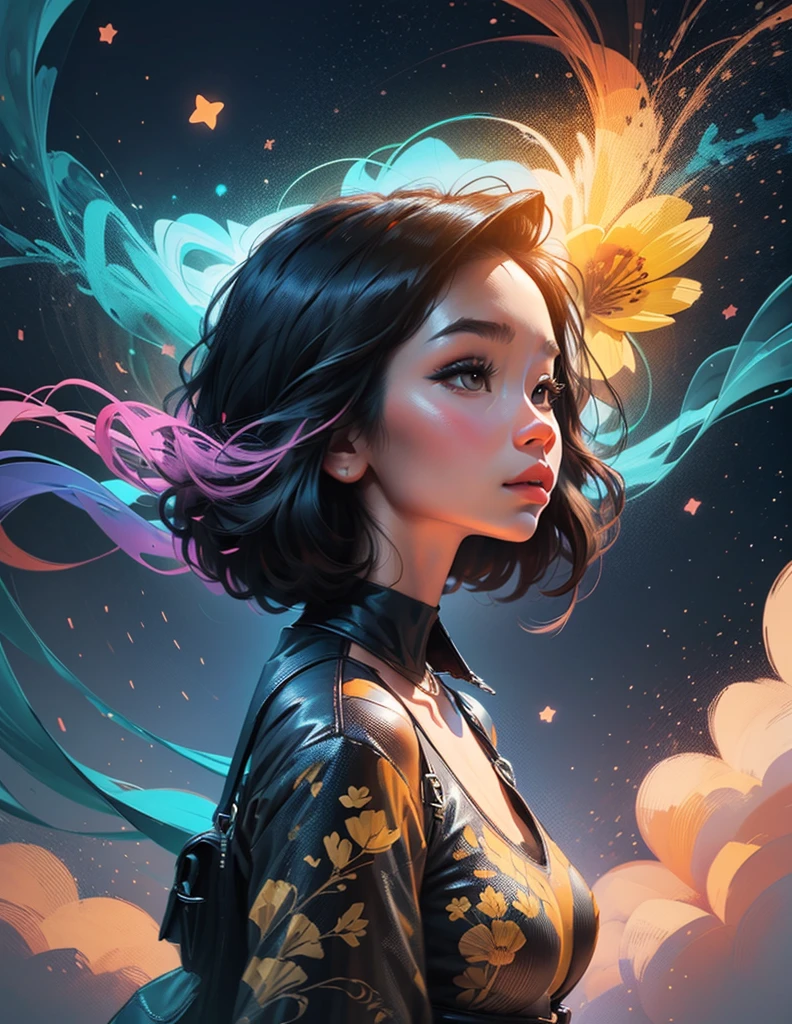 Girl standing in the clouds staring up as the stars, stars floating around her, brilliant colors, amazing swirls of cosmic dust, colorful vibrant, light particles, Create digital artwork in the Pop Art style, Featuring a vibrant and confident young Asian girl，street fashion (breast), Movie color scheme, Surrounded by vintage flower motifs, Vibrant brushstrokes,Emotions should be dynamic, Upper body, Drawing, illustration, escala cinza, tropical, Many flowers, golden ratio, 8k cinematic