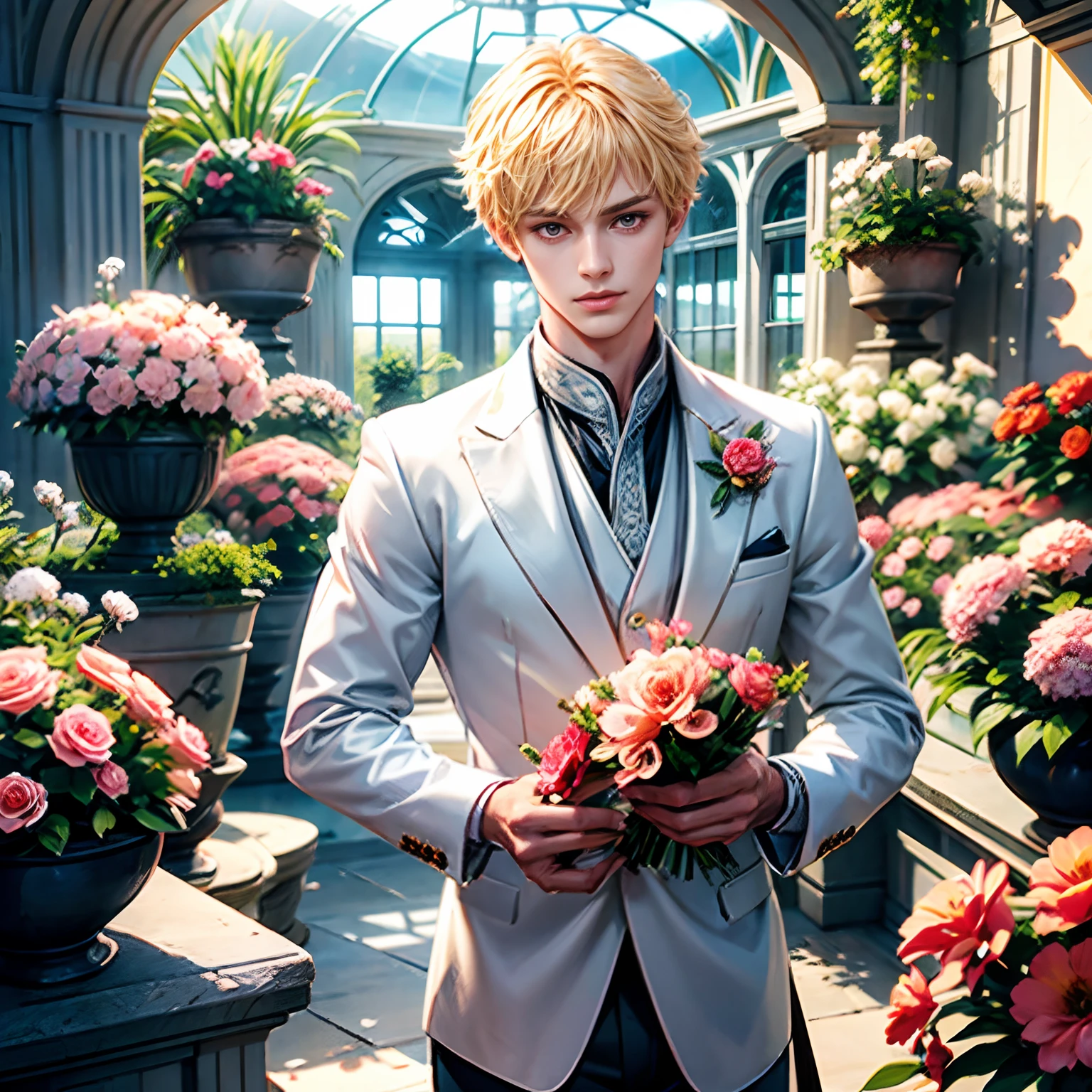 Extremely delicate and beautiful, amazing, finely detail, masutepiece, Ultra-detailed, hight resolution,Best Illustration, Best Shadow,Convoluted,Sharp Focus, High quality, 1male people, Solo, a blond. Red Eyes, Cave Genshin Impact, Glass greenhouse, Flowers in pots, Flowers for Sale, Man Looking at Flowers, flowers everywhere, formal clothes:1.8