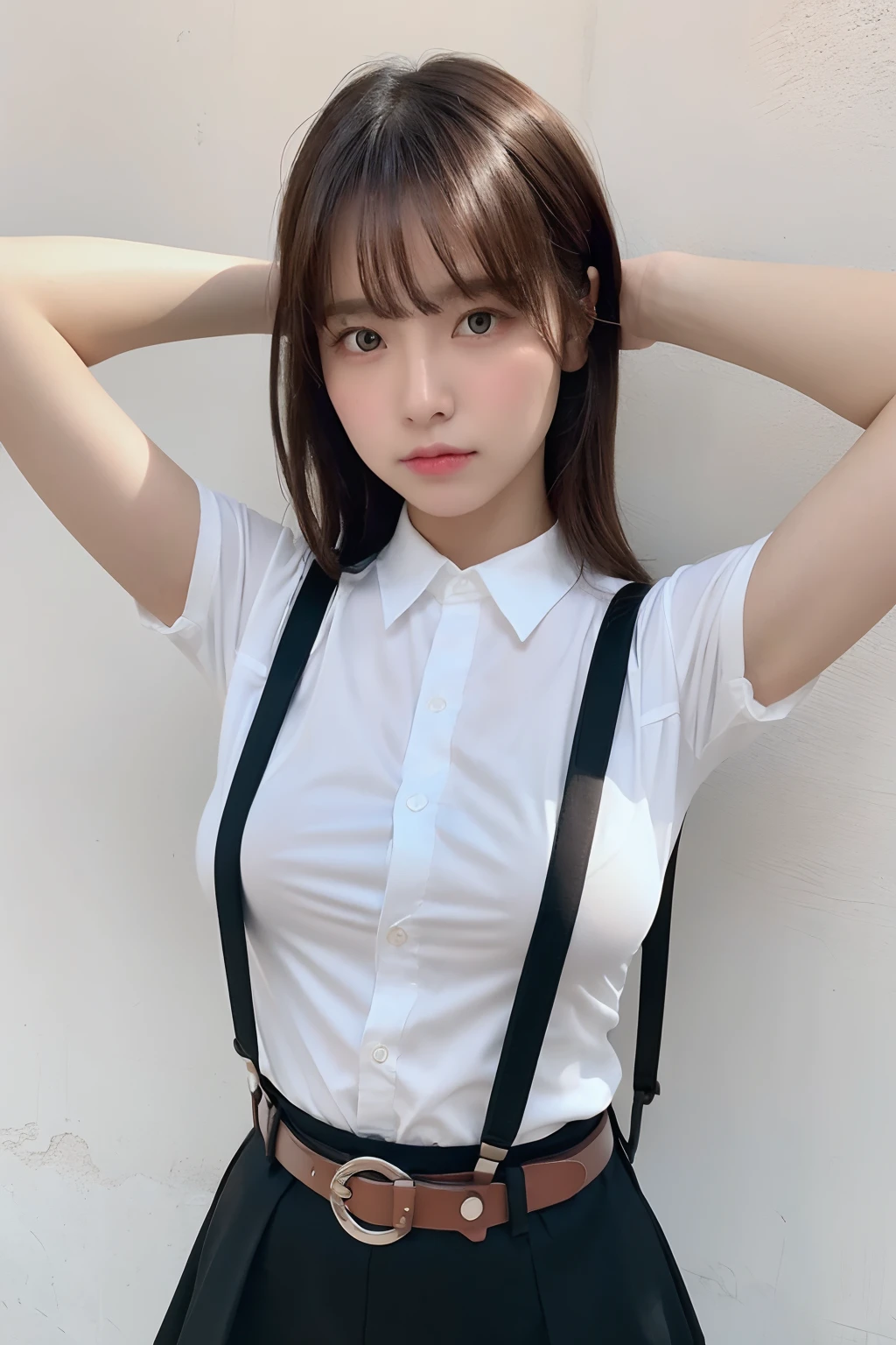 ​masterpiece、flat-colors、depth of fields、lens flare 1 girl、、Brown hair、watching at viewers　　　black suspenders　　　bulging big breasts　　　 　 Armpit sweat　perspiring　Side of both hands　　walls: 　Black miniskirt　garterbelts　　　　　　Gaze　　　Small face　Bangs Upper Eyes　flank　　Rat-colored eyes　　holster　　a belt