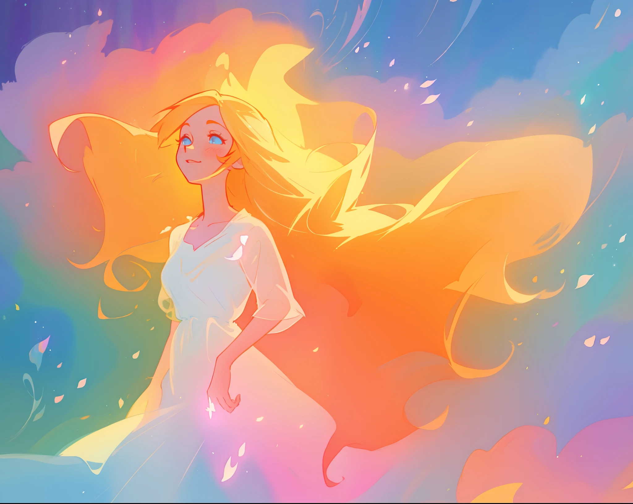 beautiful girl in flowing multi-layered dress, fairy dress, long golden hair, watercolor illustration, inspired by Glen Keane, inspired by Lois van Baarle, disney art style, by Lois van Baarle, glowing aura around her, by Glen Keane, jen bartel, glowing lights! digital painting, flowing glowing hair, glowing flowing hair, beautiful digital illustration, fantasia otherworldly landscape plants flowers, beautiful, masterpiece, best quality, anime disney style