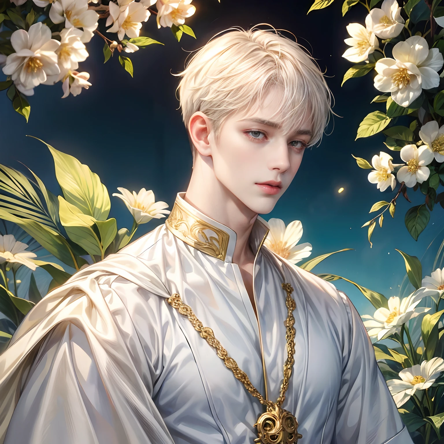 Best Quality, masutepiece, White Shorthair, Gold eyes,White clothes, Looking Up, Upper body, Fair skin, One beautiful boy