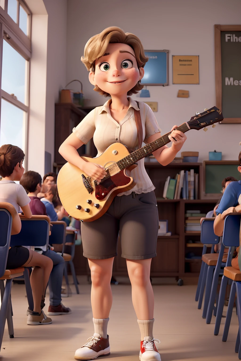 Obra-prima, de melhor qualidade, A 45-year-old woman with fat dark blonde short hair playing guitar in a classroom
