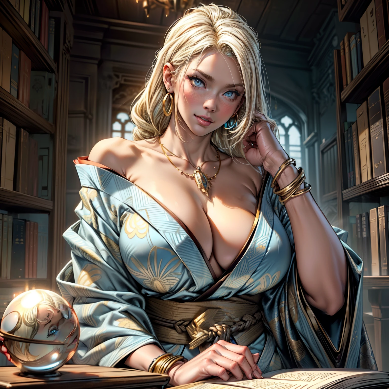 Masterpiece, Best Quality, (((Solo mature woman Janet))), (((platinum blonde hair))), long braided Ponytail, (((wide hips))), (((light blue eyes))), full lips, seductive smile, cleavage, sitting on wooden throne, (((bookshelves, candles))) sunset, blushing, , "beautiful mature face" , age30 , MILF , adult ((open kimono with detailed patterns of gold)), bare shoulder, ((Sexual suggestiveness)), perfect beautiful eyes, detailed eyes. thick lips, ((big boobs)), (Thick thighs), top down, looking down, (((shiny skin))), (((chubby))), (((crystal Ball)), necklace, bracelets, hoop earrings, (((European Face))), (Knife: 1.5)