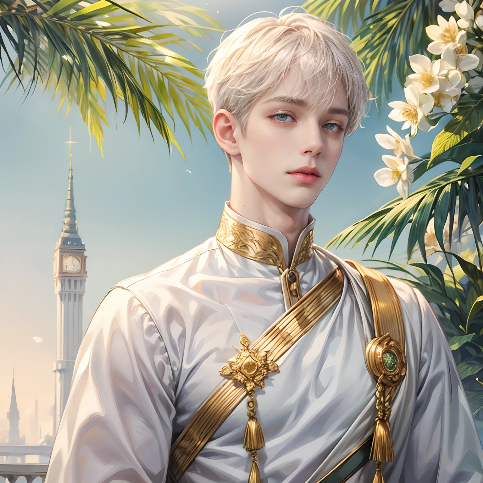 Best Quality, masutepiece, White Shorthair, Gold eyes,White clothes, Looking Up, Upper body, Fair skin, One beautiful boy