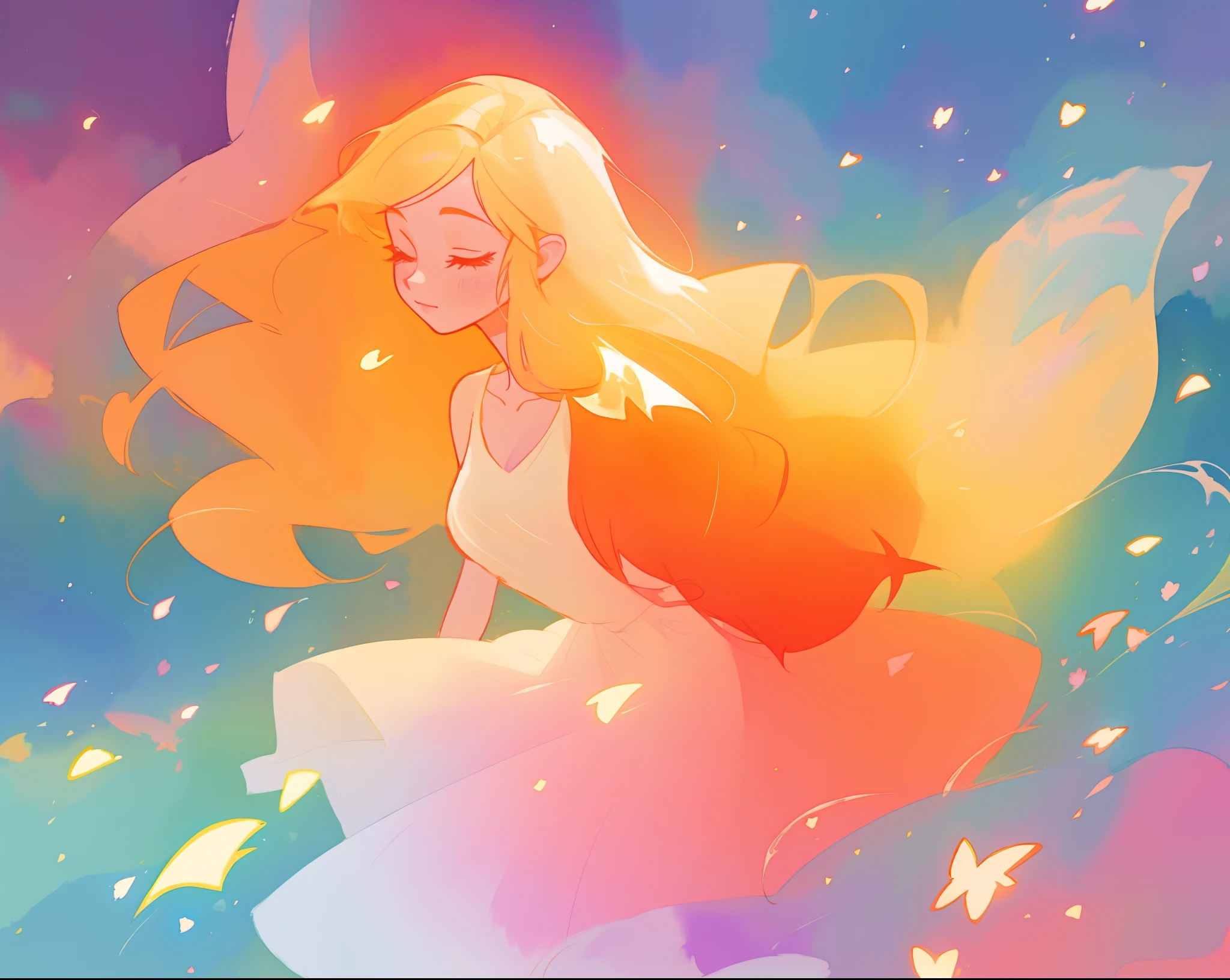 beautiful girl in flowing multi-layered dress, fairy dress, long golden hair, watercolor illustration, inspired by Glen Keane, inspired by Lois van Baarle, disney art style, by Lois van Baarle, glowing aura around her, by Glen Keane, jen bartel, glowing lights! digital painting, flowing glowing hair, glowing flowing hair, beautiful digital illustration, fantasia otherworldly landscape plants flowers, beautiful, masterpiece, best quality, anime disney style