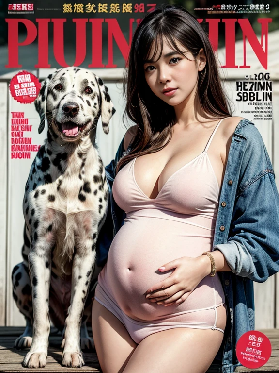 MagazineCover,Souvenir photo with dog,Young pregnant woman posing with Dalmatian