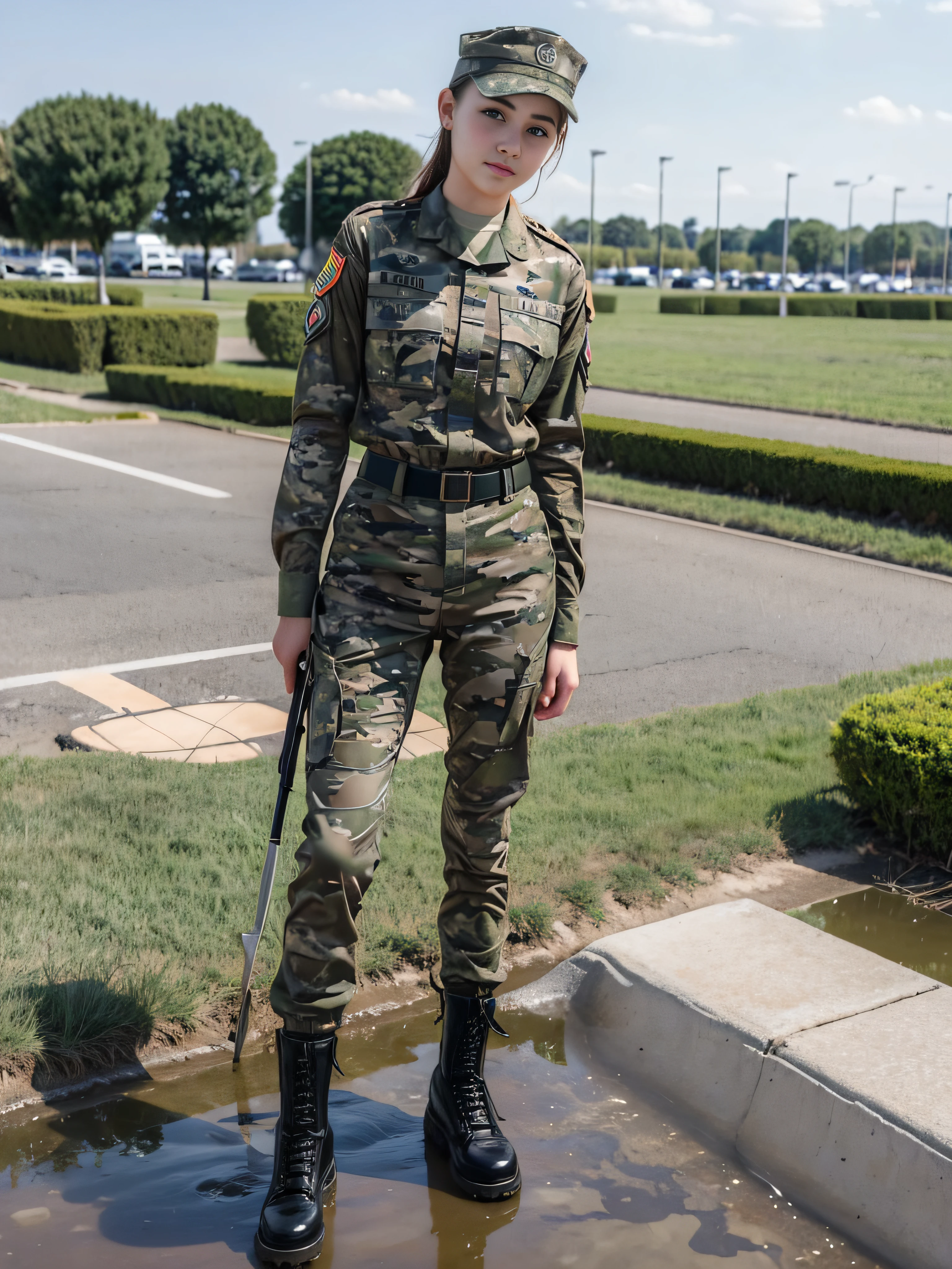 Beautiful 19 year old female soldier in camouflage uniform standing at parade rest pees in her uniform pants with a puddle of pee around her pee soaked combat boots