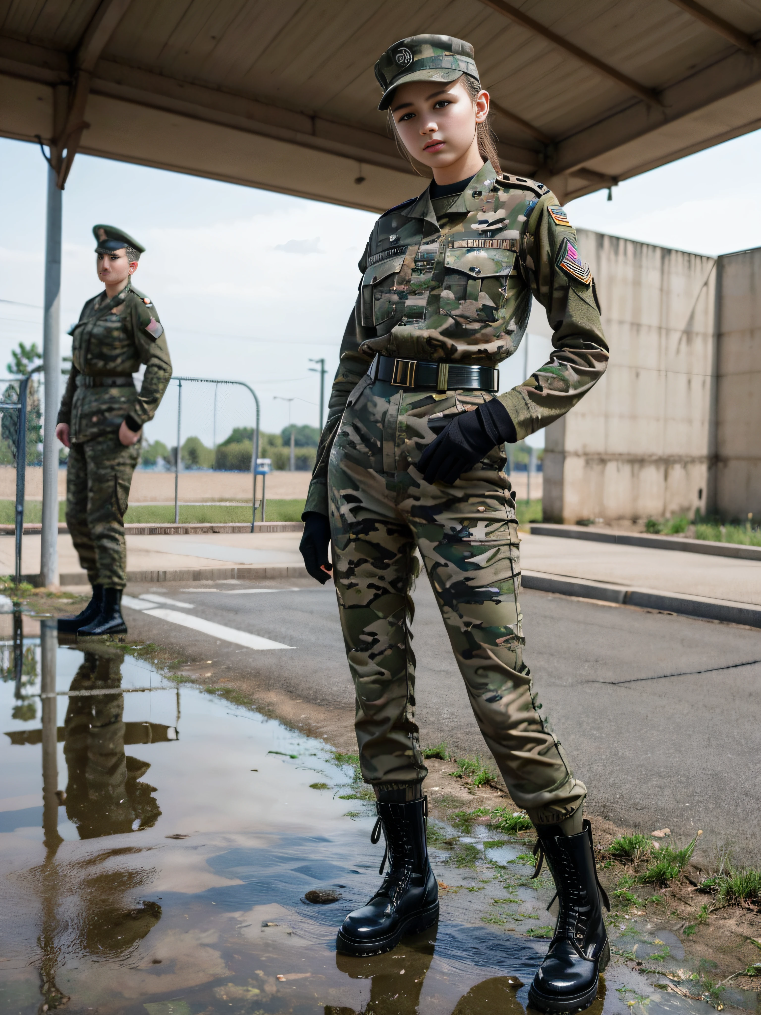(highres:1.2), Beautiful 19 year old female soldier, camouflage uniform, standing at parade rest, peeing in her uniform pants, puddle of pee, combat boots