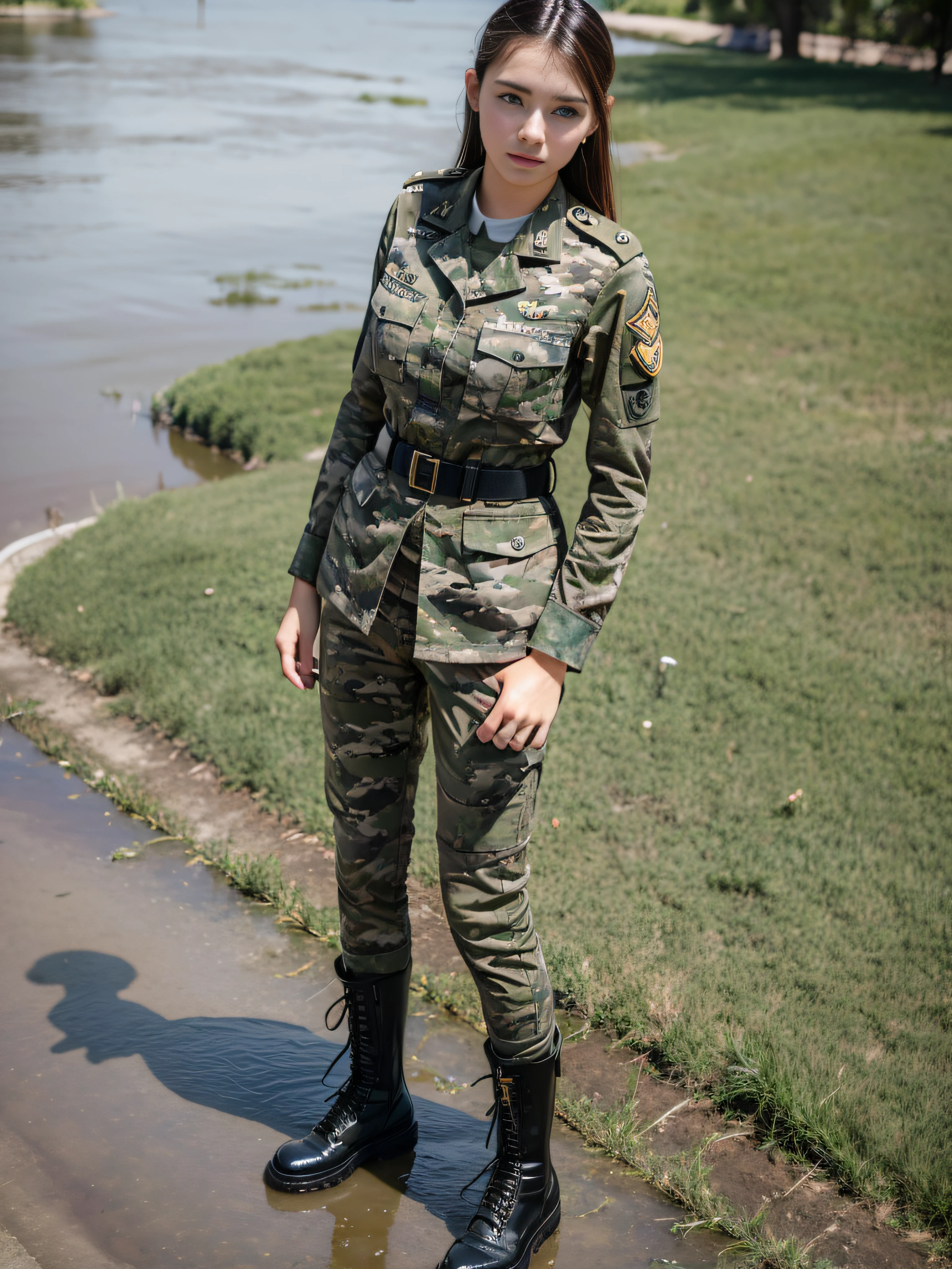 (highres:1.2), Beautiful 19 year old female soldier, camouflage uniform, standing at parade rest, peeing in her uniform pants, puddle of pee, combat boots