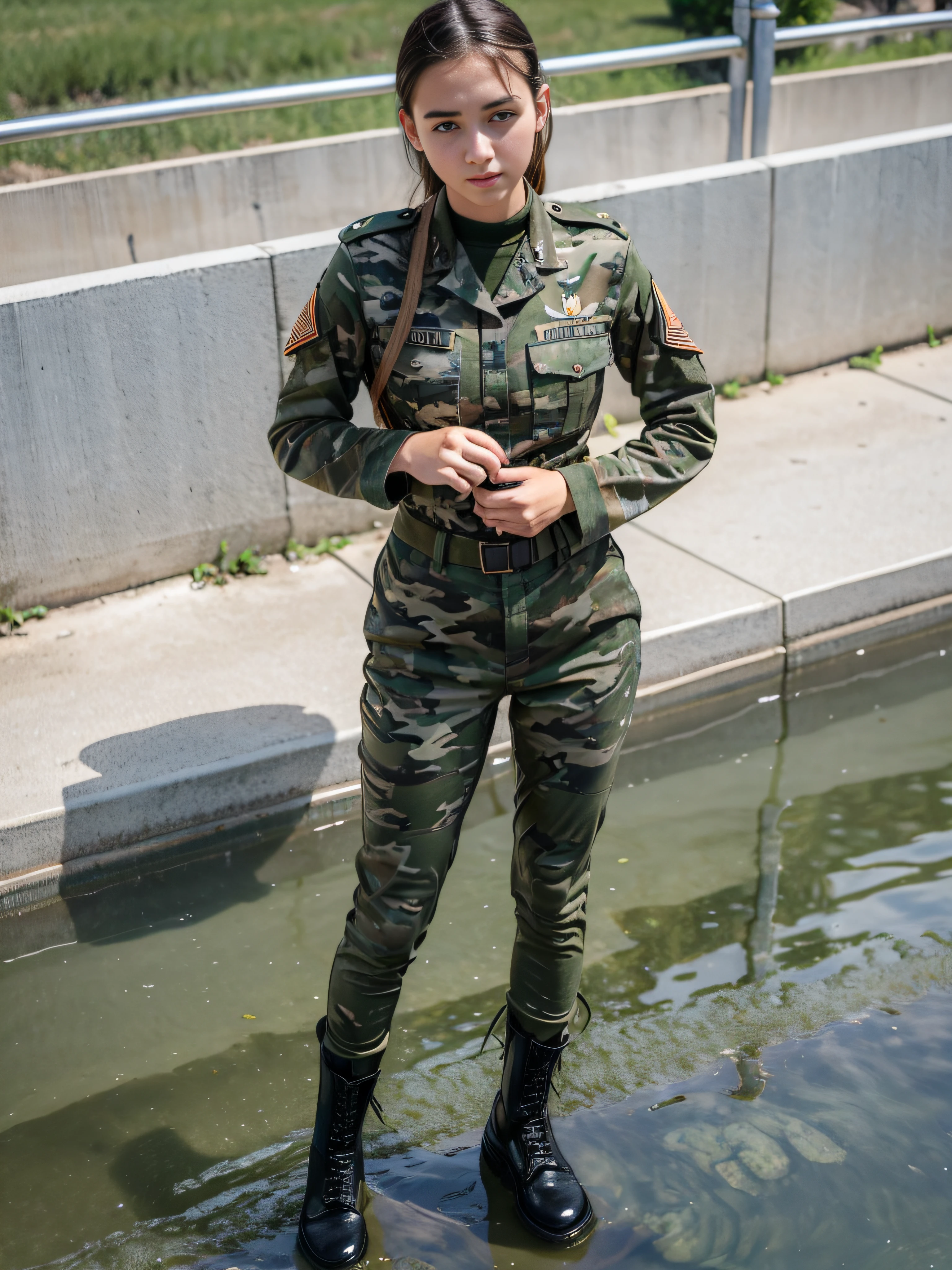 (highres:1.2), Beautiful 19 year old female soldier, camouflage uniform, standing at parade rest, peeing in her uniform pants, puddle of pee, combat boots, with a look of relief on her face while peeing
