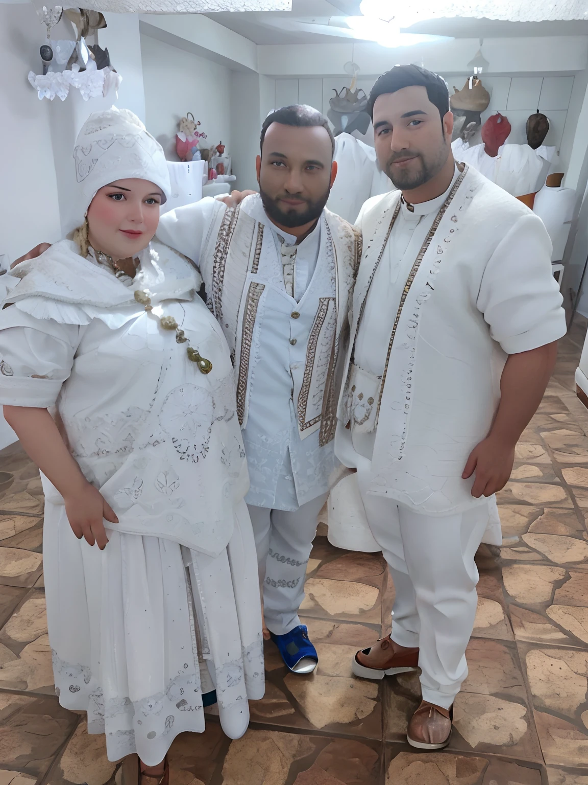 There are three people together in a room with tiled floors;, vestindo vestes brancas!, usando panos brancos, vestindo trajes tradicionais, vestindo vestes brancas, wearing authentic attire, tudo branco, vestidos com vestes brancas, Directed by: Nandor Soldier, vestindo roupas brancas, vestes brancas, 2 0 1 9, 2019, roupas tradicionais