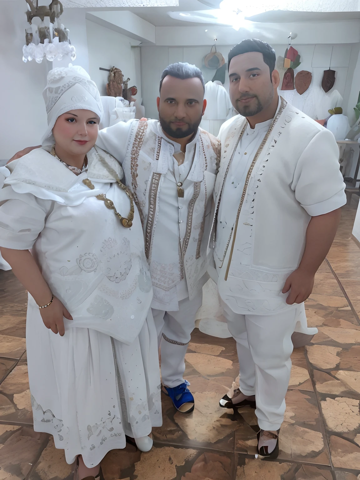 There are three people together in a room with tiled floors;, vestindo vestes brancas!, usando panos brancos, vestindo trajes tradicionais, vestindo vestes brancas, wearing authentic attire, tudo branco, vestidos com vestes brancas, Directed by: Nandor Soldier, vestindo roupas brancas, vestes brancas, 2 0 1 9, 2019, roupas tradicionais