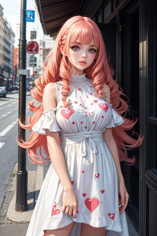 1girl in street wear clothes , in the street, Wear a white long dress , Heart prints , Hearts Pattern, White Skin ,(Best quality:1.1), (Masterpiece:1.4), 1fille, (cheveux volumineux)+ , ((curly hair))++, cheveux longs, ++, (((cheveux roux ))), (Yeux Verts ), Long Hair,, Gros Seins , Red Hair , (big lips)+ pouty lips , ,StreetWear , peau brillante, Brillant, starry night, dans une chambre,, Fioritures,