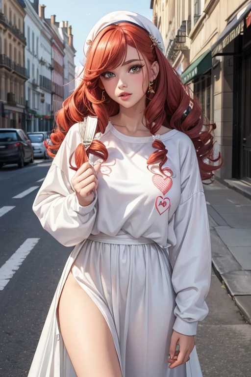 1girl in street wear clothes , in the street, Wear a white long dress , Heart prints , Hearts Pattern, White Skin ,(Best quality:1.1), (Masterpiece:1.4), 1fille, (cheveux volumineux)+ , ((curly hair))++, cheveux longs, ++, (((cheveux roux ))), (Yeux Verts ), Long Hair,, Gros Seins , Red Hair , (big lips)+ pouty lips , ,StreetWear , peau brillante, Brillant, starry night, dans une chambre,, Fioritures,