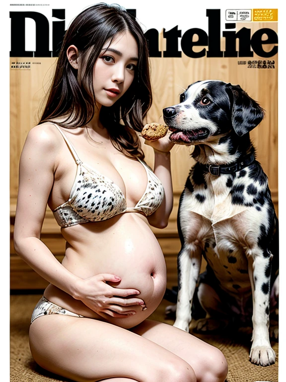 MagazineCover,Souvenir photo with the dog,Young pregnant woman posing with adult dog Dalmatian、Pregnant woman feeding a Dalmatian puppy
