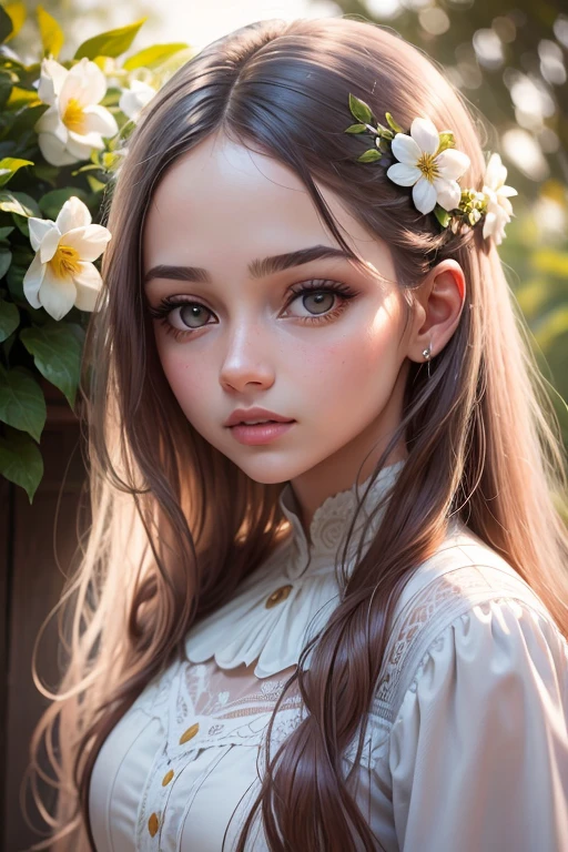 oil painting, uma em um jardim, belos olhos detalhados, beautiful detailed lips, olhos e rosto extremamente detalhados, long eyelashes, Flowing dress, flores vibrantes, verdura, luz solar suave, Altas, ultra-detalhado, Realistic, Retratos, Warm and pastel tones, soft and diffuse lighting