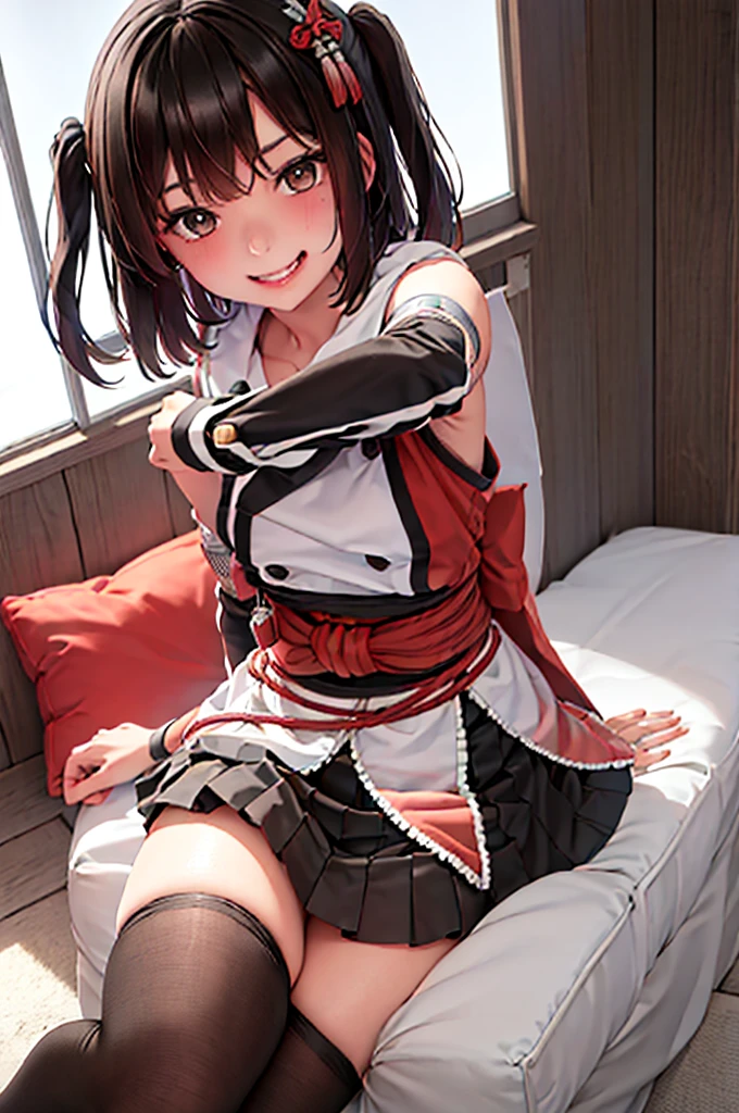 best quality, masterpiece, highres, solo, {sendai_kantaicollection:1.15}, two_side_up, brown_eyes, short_hair, brown_hair, hair_ornament, bangs, smile, serafuku, blush, black_hair, hair_between_eyes