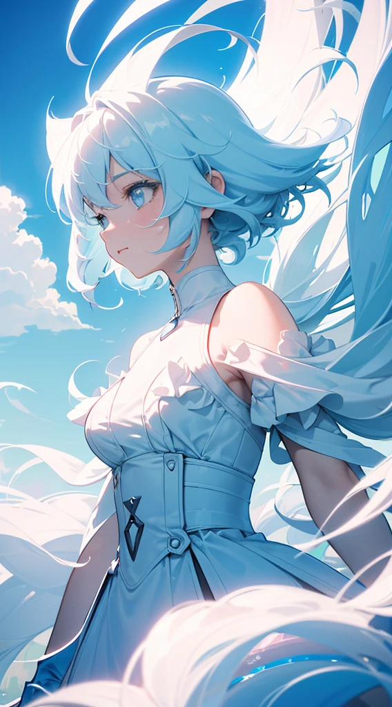 (from below:0.6), score_9_up,score_8_up, white hair, black high neck halter top, blue eyes, 1girl, solo,((blush)), closed mouth, smile, medium breast, pose, ((sitting)), (thin girl:1.2),clouds, long gloves, ((green wind magic)), skirt, belts, 
