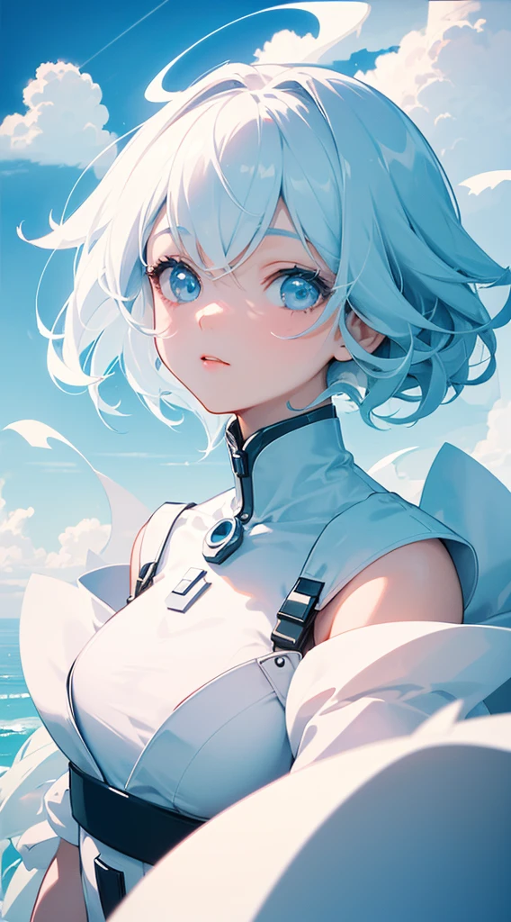 masterpiece, best quality, movie still, 1girl, floating in the sky, cloud girl, cloud, (close-up:1.1), bright, happy, fun, soft lighting, (Bauhaus, shapes, lines, abstract:1.1)