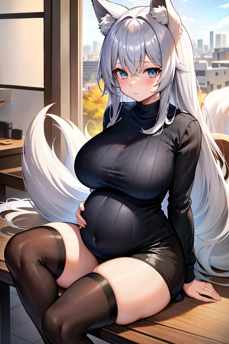 ((masterpiece:1.2, best quality)), highres, solo, long_hair, ((silver_hair:1.3)), hair_bow, ((giant breasts:1.3)), ((giga breasts)), Breasts, ((thick thighs)), ((wide hips:1.3)), shinano \(azur lane\), bangs, deep blue eyes, animal ears, kitsune, fox ears, fox girl, white fox tails, multiple tails, blush, very_long_hair, 1girl, looking_at_viewer, upper_body, closed_mouth, city, sweater, black tights, chair, sitting by window, sitting on chair, autumn, sidewalk, pregnant, pregnant woman, pregnant belly,