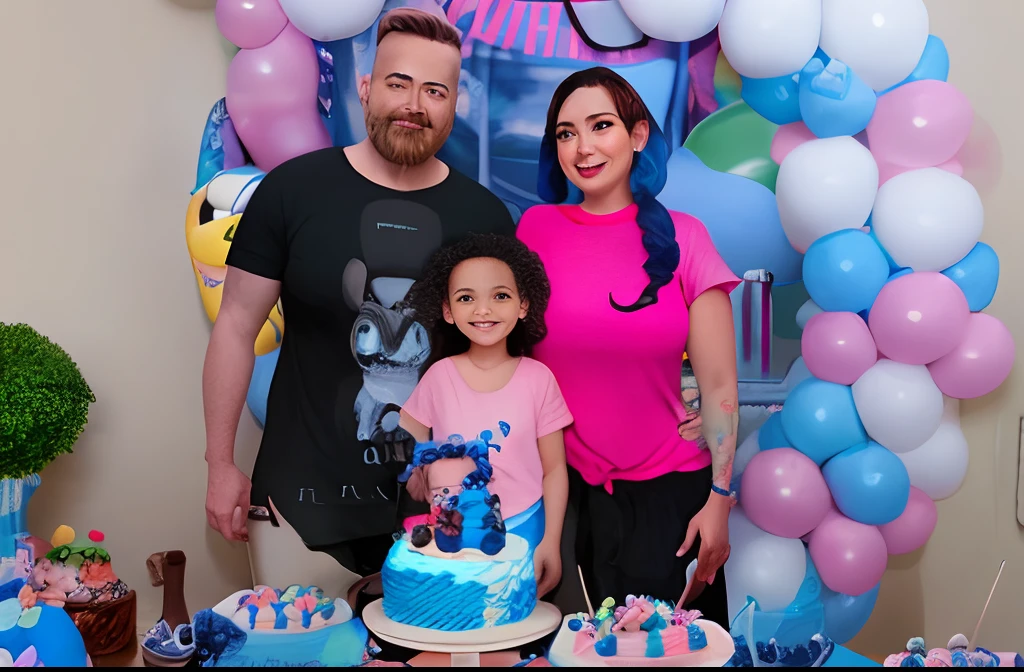 Disney Pixar pai com barba curta, cabelo raspado, camiseta preta, bermuda beje, Mom with pink blouse, Black pants hair tied up, Child in pink Stitch t-shirt, saia azul, Maria Chiquinha hair on shipping the cake table at Stitch's birthday party, com fundo beje de bexigas rosa, azul e branco no desenho do stitch