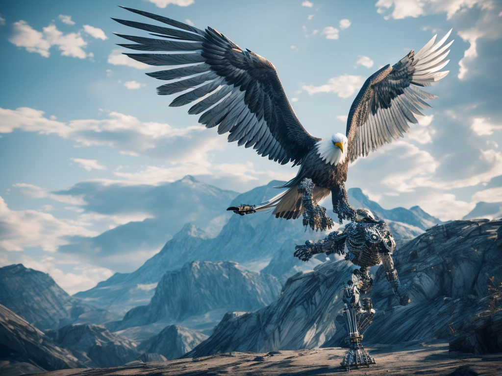 image of an eagle with a skeleton body and wings like swords, unreal engine render, biomechanical, highly detailed cybernetic body, white biomechanicaldetails, 3 d render character art 8 k, detailed body, intricate mechanical body, cybernetic and highly detailed