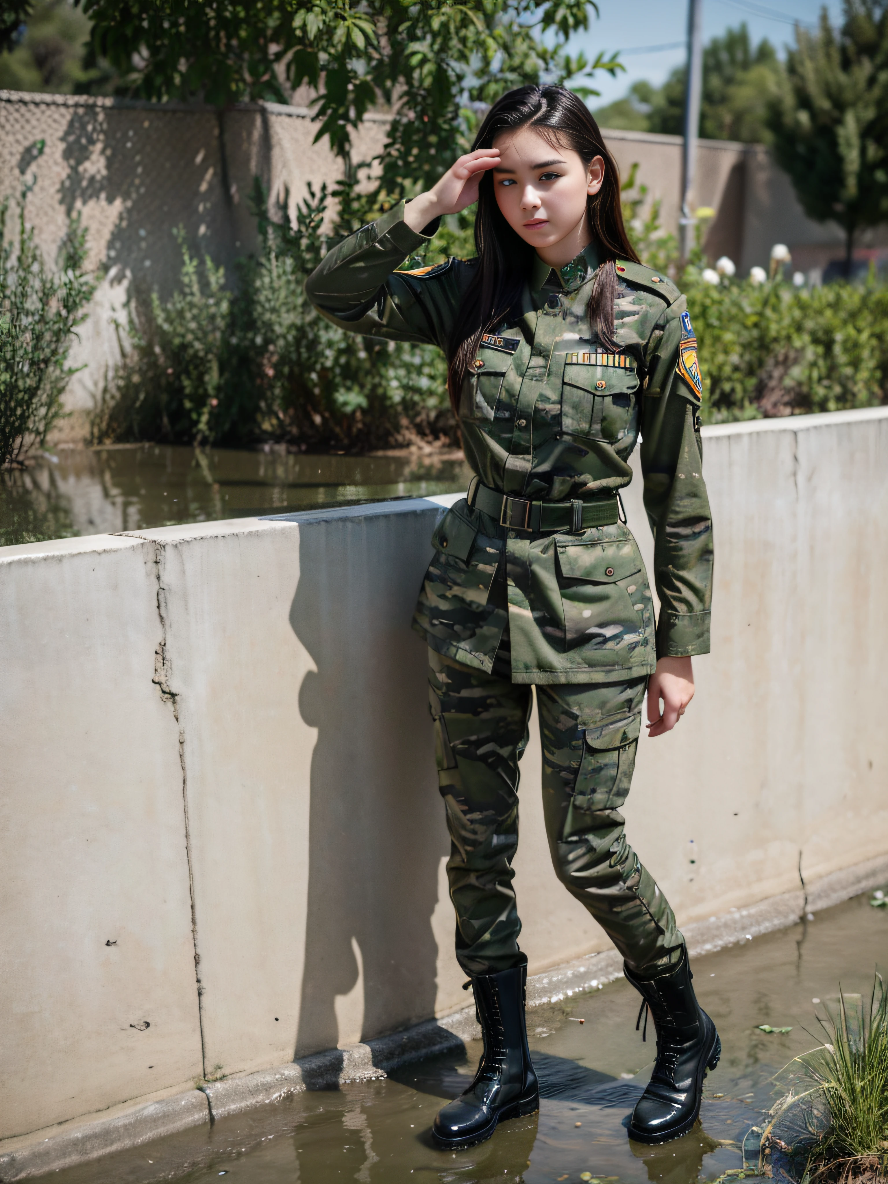 (highres:1.2), Beautiful 19 year old female soldier, camouflage uniform, standing at parade rest, peeing in her uniform pants, puddle of pee, combat boots, with a look of relief on her face while peeing