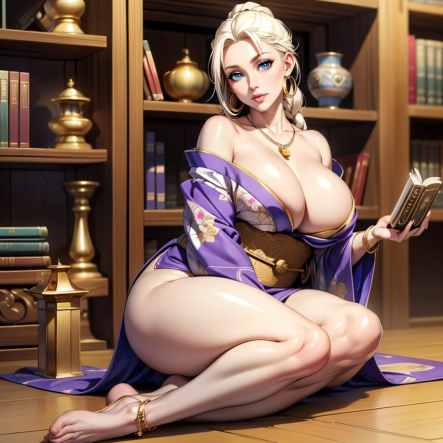 Masterpiece, Best Quality, (((Solo mature woman Janet))), (((platinum blonde hair))), ((long braided Ponytail)), (((wide hips))), (((light blue eyes))), full lips, seductive smile, cleavage, (((sitting on wooden floor))), (((bookshelves, candles))) sunset, blushing, "beautiful mature face" , age30 , MILF , adult ((open purple kimono with detailed patterns of gold)), bare shoulder, ((Sexual suggestiveness)), perfect beautiful eyes, detailed eyes. thick lips, ((big boobs)), (Thick thighs), top down, looking down, (((shiny skin))), (((chubby))), necklace, bracelets, hoop earrings, (((European Face))), ((Oiran)), Japanese Clothing, Boobplate, obi, intricate, eye shadow, floral print, hairpin, lipstick, make-up, red lips, sarashi, (((kiseru))), holding pipe in right hand, (((Bare legs))), (((Tarot cards on floor)))