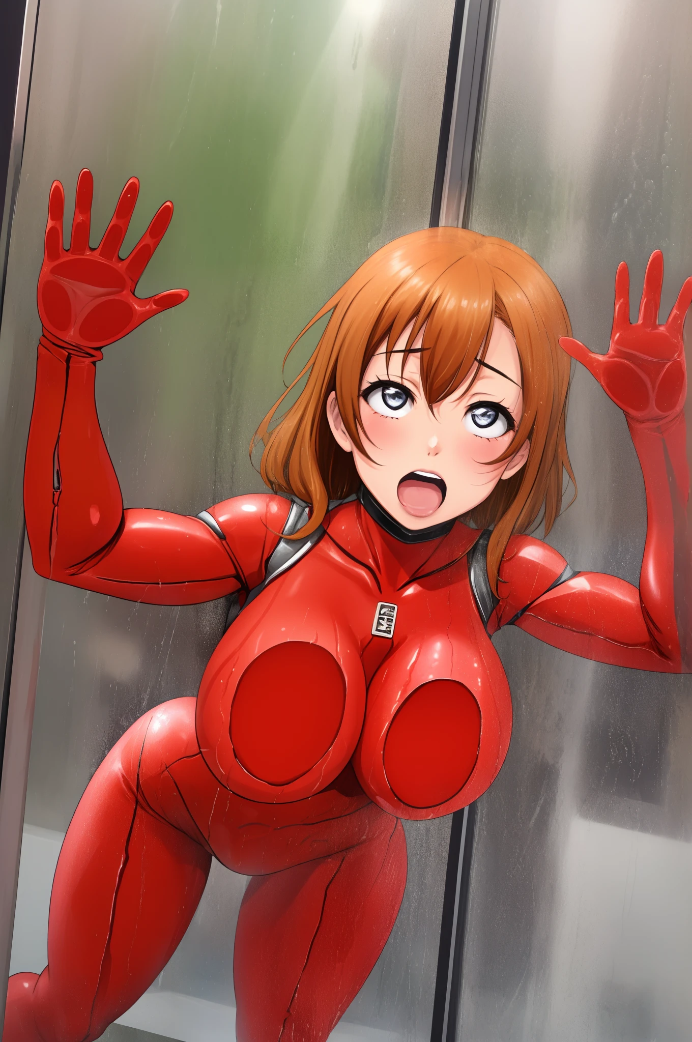 Kousaka honoka, tight , (huge breasts), (red bodysuit:1.2), solo, street,embarrassed, standing,hands on glass ,breasts on glass,window fog ,water drop, bent over, open mouth,ahg,