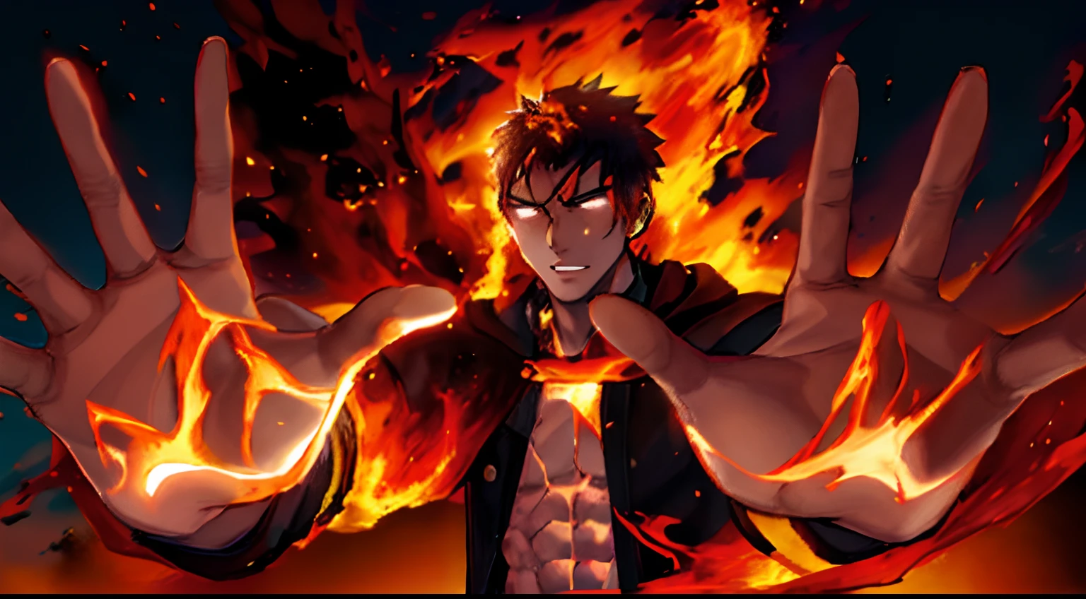 Anime character with fire in hands and a black jacket, fire!! corpo inteiro, com o dedo indicador, an epic anime of a energy man, Katekyo Hitman Renascido, fire behind him, casting fire spell, empunhando uma bola de fogo, Ainda de anime de TV, a sorcerer casting a fireball, poderes de fogo, tem poder de fogo, empunhando fogo, feixe de fogo