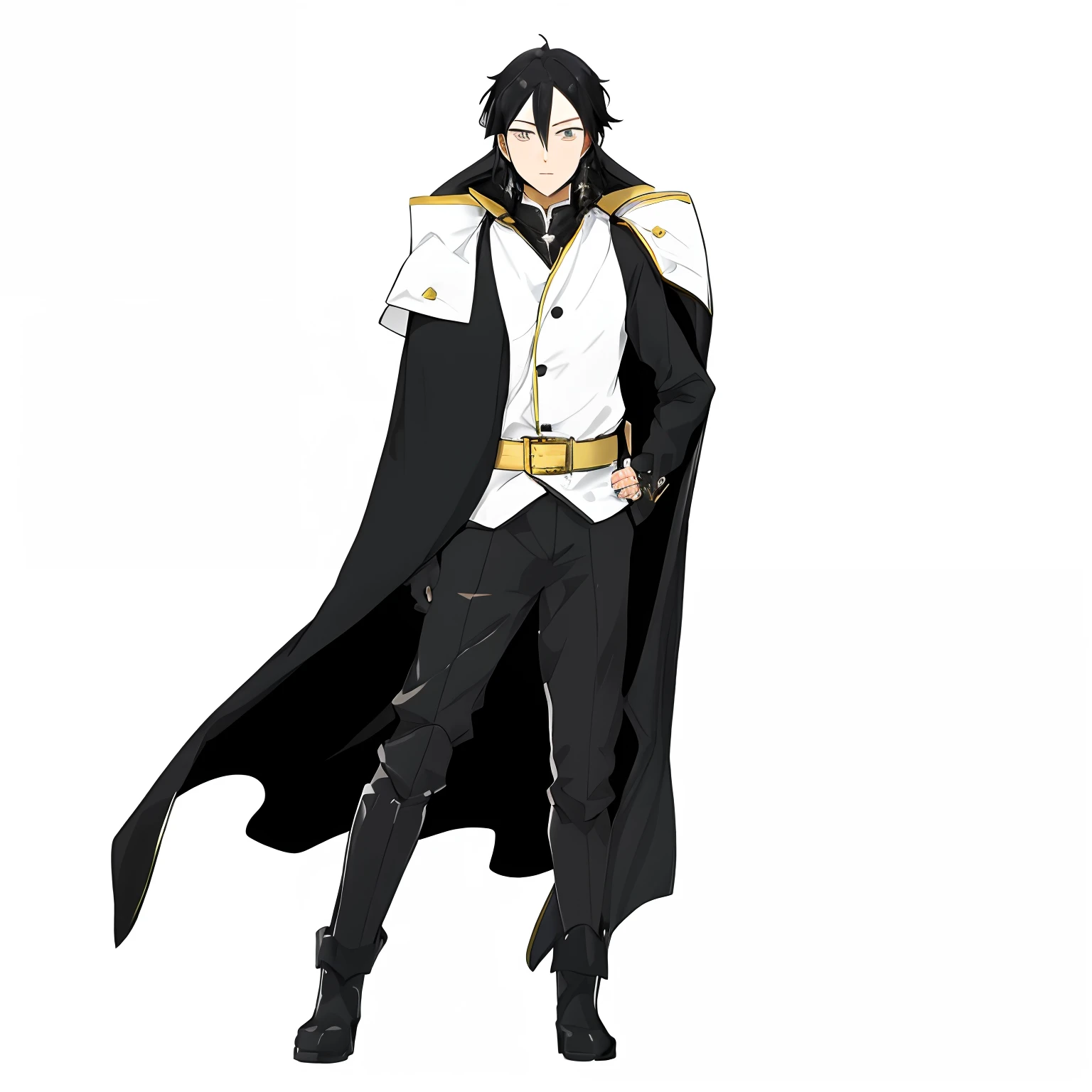 anime character dressed in black and white with cape and boots,wearing black clothes and cape, full body with costume, single character full body, with a long black cape, male anime character,