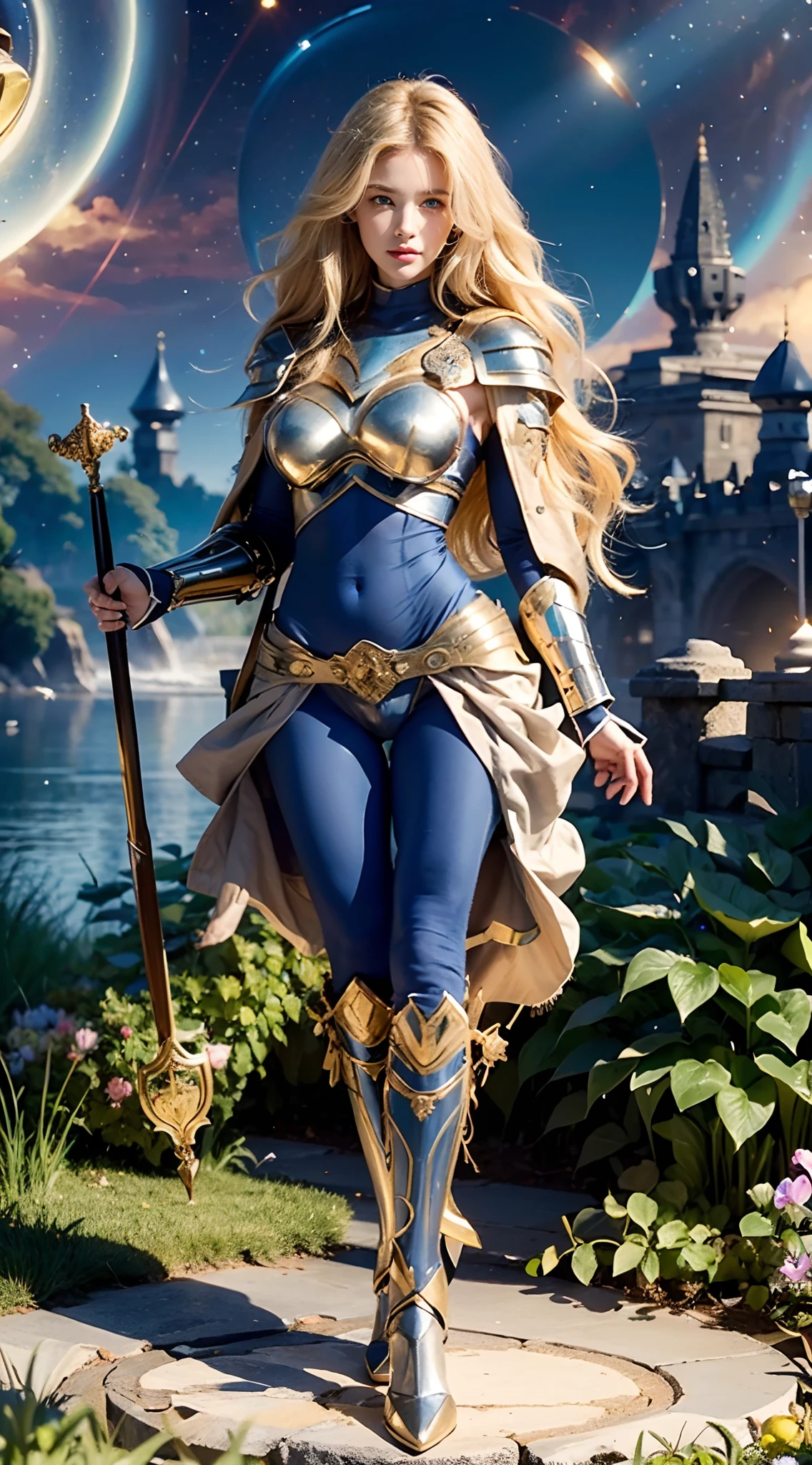 (Numerous award-winning masterpieces, with incredible details), ((Extremely beautifull face)), (extremely detailed realistic face features), (beutiful blue eyes), ((finely detailed true circle Symmetrical blue eyes)), (She has a meloncholic face), (A majestic sight), long golden hair, (big breasts: 1.8), anatomic, (big brests: 1.8), small wraist with big hips, medieval woman's light armor, golden hair, blonde long hair