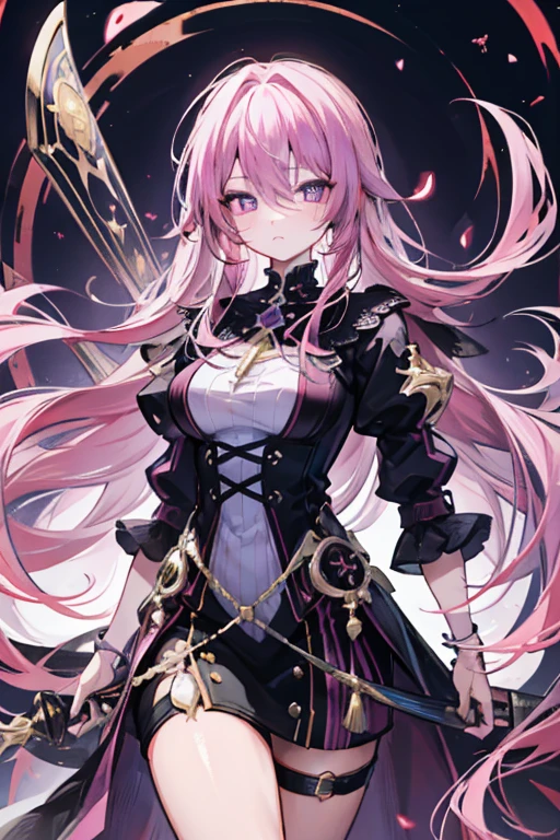 A pink haired female queen with violet eyes and an hourglass figure is raising a dagger into the air