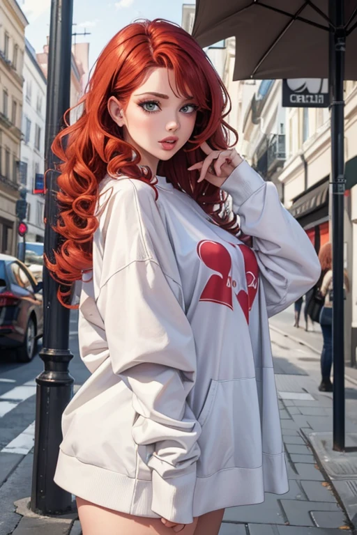 1girl in street wear clothes , in the street, porte une combisnaison blanche , combishort,  Heart prints , Hearts Pattern, White Skin ,(Best quality:1.1), (Masterpiece:1.4), 1fille, (cheveux volumineux)+ , ((curly hair))++, cheveux longs, ++, (((cheveux roux ))), (Yeux Verts ), Long Hair,, Gros Seins , Red Hair , (big lips)+ pouty lips , ,StreetWear , peau brillante, Brillant, starry night, dans une chambre,, Fioritures,