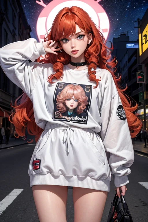 1girl in street wear clothes , in the street, porte une combisnaison blanche , combishort, Heart prints , Hearts Pattern, White Skin ,(Best quality:1.1), (Masterpiece:1.4), 1fille, (cheveux volumineux)+ , ((curly hair))++, cheveux longs, ++, (((cheveux roux ))), (Yeux Verts ), Long Hair,, Gros Seins , Red Hair , (big lips)+ pouty lips , ,StreetWear , peau brillante, Brillant, starry night, dans une chambre,, Fioritures,