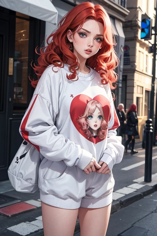 1girl in street wear clothes , in the street, Wear a white long dress , Heart prints , Hearts Pattern, White Skin ,(Best quality:1.1), (Masterpiece:1.4), 1fille, (cheveux volumineux)+ , ((curly hair))++, cheveux longs, ++, (((cheveux roux ))), (Yeux Verts ), Long Hair,, Gros Seins , Red Hair , (big lips)+ pouty lips , ,StreetWear , peau brillante, Brillant, starry night, dans une chambre,, Fioritures,