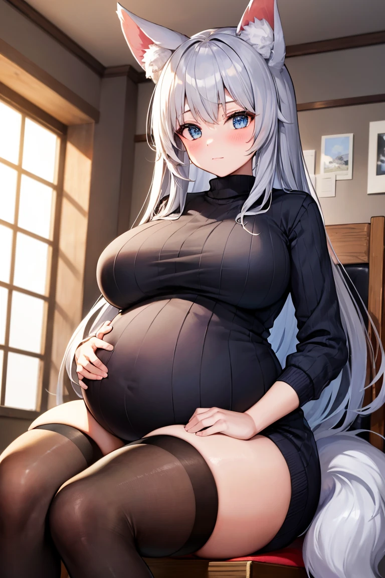 ((masterpiece:1.2, best quality)), highres, solo, long_hair, ((silver_hair:1.3)), hair_bow, ((giant breasts:1.3)), ((giga breasts)), Breasts, ((thick thighs)), ((wide hips:1.3)), shinano \(azur lane\), bangs, deep blue eyes, animal ears, kitsune, fox ears, fox girl, white fox tails, multiple tails, blush, very_long_hair, 1girl, looking_at_viewer, upper_body, closed_mouth, city, sweater, black tights, chair, sitting by window, sitting on chair, autumn, sidewalk, pregnant, pregnant woman, pregnant belly,