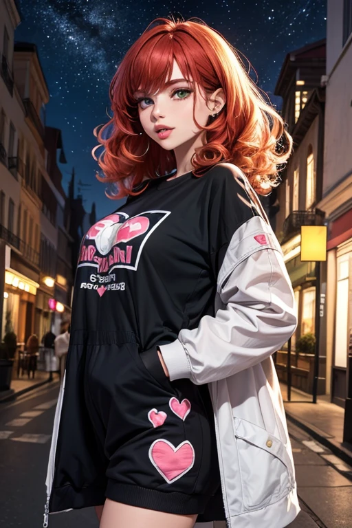 1girl in street wear clothes , in the street, porte une combisnaison blanche , combishort, Heart prints , Hearts Pattern, White Skin ,(Best quality:1.1), (Masterpiece:1.4), 1fille, (cheveux volumineux)+ , ((curly hair))++, cheveux longs, ++, (((cheveux roux ))), (Yeux Verts ), Long Hair,, Gros Seins , Red Hair , (big lips)+ pouty lips , ,StreetWear , peau brillante, Brillant, starry night, dans une chambre,, Fioritures,