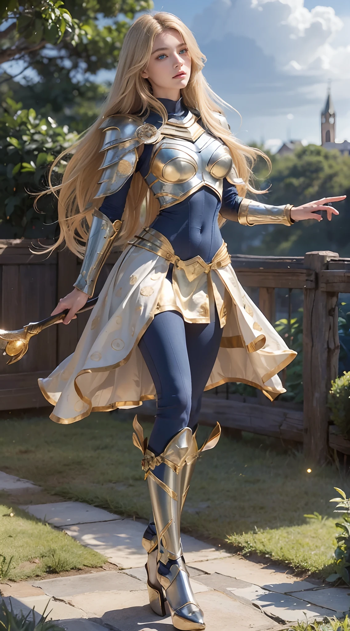 (Numerous award-winning masterpieces, with incredible details), ((Extremely beautifull face)), (extremely detailed realistic face features), (beutiful blue eyes), ((finely detailed true circle Symmetrical blue eyes)), (She has a meloncholic face), (A majestic sight), long golden hair, (big breasts: 1.8), anatomic, (big brests: 1.8), small wraist with big hips, medieval woman's light armor, golden hair, blonde long hair