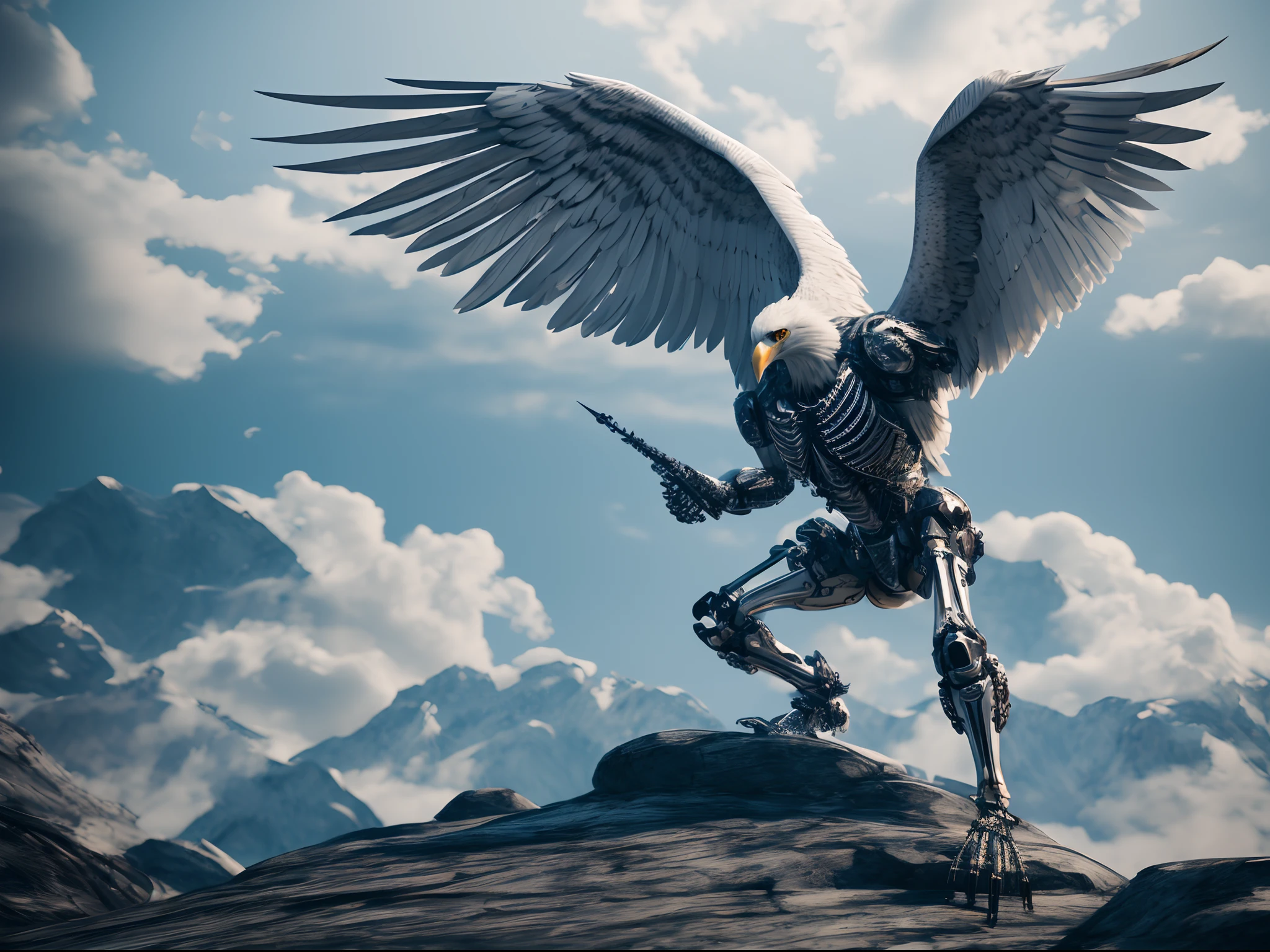 image of an eagle with a skeleton body and wings like swords, unreal engine render, biomechanical, highly detailed cybernetic body, white biomechanicaldetails, 3 d render character art 8 k, detailed body, intricate mechanical body, cybernetic and highly detailed