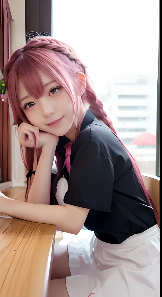 high-level image quality、Anime girl with long hair and restaurant uniform posing for photo、Shibuya、full body Esbian、(A smile:1.5)、sayori, Anime visuals of cute girls, anime moe art style, in dress, Anime girl in restaurant uniform, pretty anime girl, (Anime Girl), Cute anime girl, Cute anime waifu in restaurant uniform, charming anime girls, Have a walkie-talkie、Beautiful anime girl, Rin, Smooth Anime CG Art、(Pink hair), Ear Hair, small tits, Single braid, (Single braid), (Side braid)