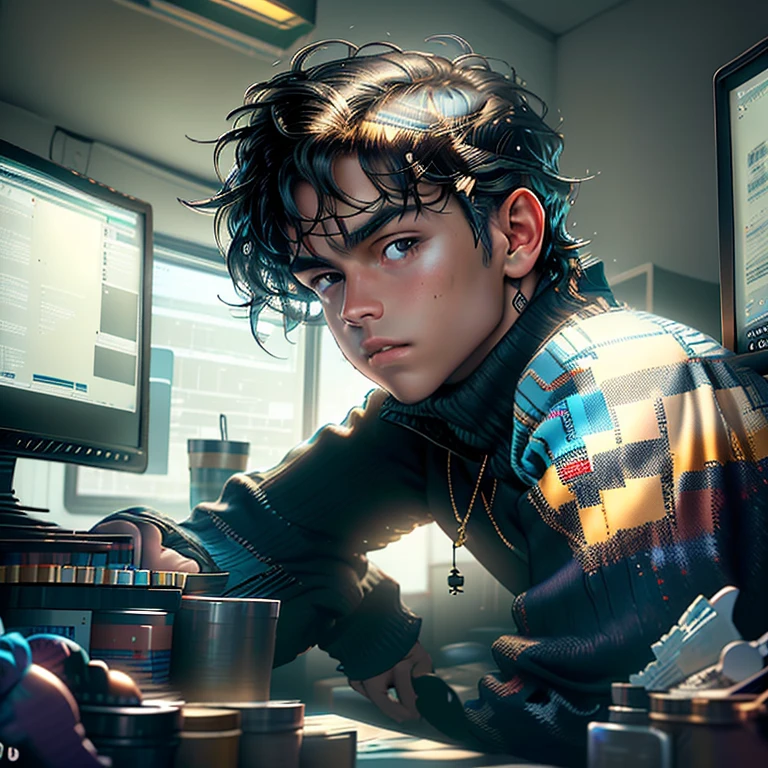 A mixed media creation that mixes photography and painting, perfect composition, latino, Vista desde un lado y desde arriba, joven, Perfect anatomy, joven, latino, guapo, splendid, Mirando fijamente al espectador, descalzo, Lean, detailed muscles, nadador, on a modern desktop with multiple computer screens displaying lines of code and complex algorithms. On the desk small gold coins, Flag of Canada, Truck Toy, Large windows to view the river, Small Gold Coins, Small flag of Canada, camioncito de juguete, Your workspace is neat and organized.