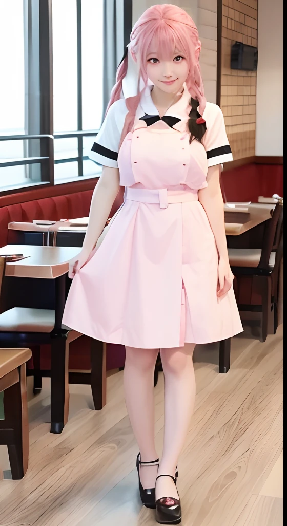 high-level image quality、Anime girl with long hair and restaurant uniform posing for photo、Shibuya、full body Esbian、(A smile:1.5)、sayori, Anime visuals of cute girls, anime moe art style, loli in dress, Anime girl in restaurant uniform, pretty anime girl, (Anime Girl), Cute anime girl, Cute anime waifu in restaurant uniform, charming anime girls, Have a walkie-talkie、Beautiful anime girl, Rin, Smooth Anime CG Art、(Pink hair), Ear Hair, small tits, Single braid, (Single braid), (Side braid)