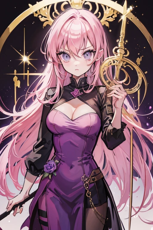 A pinked haired woman with violet eyes with an hourglass is holding a golden sword.