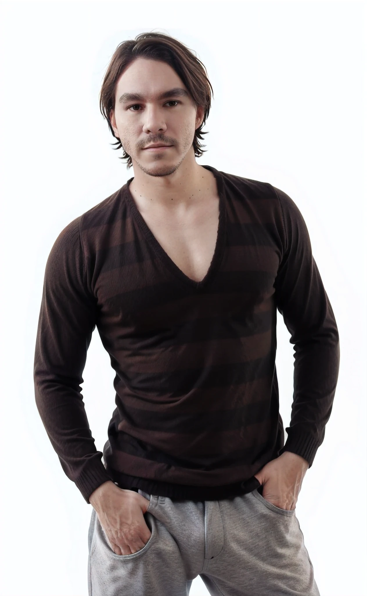 Hombre con una camisa a rayas posando para una foto, Ropa de pecho Open V, Black & Brown Colors, brown sweater, 3 4 5 3 1, Ropa pirata, Black and brown, rayado, he is wearing a brown sweater, Vista de cuerpo completo, Imagen oficial del producto, 4 0 9 6, brown shirt, Toma de cuerpo completo, dark brown, cotton, Striped sweater