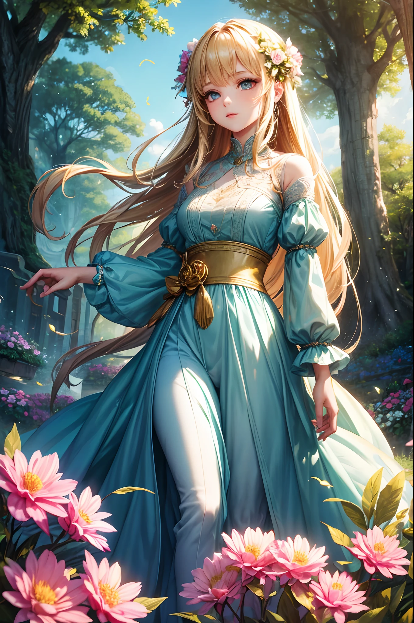 A girl in a garden, oil painting, vibrant colors, soft lighting, best quality, ultra-detailed, photorealistic, beautiful detailed eyes, beautiful detailed lips, long eyelashes, flowing dress, blooming flowers, sunlit atmosphere, peaceful ambiance, dreamy landscape, ethereal beauty, majestic trees, serene pond, birds chirping, 2 birds flying in the sky, a gentle breeze, golden hour, magical surroundings, the passage of time, time travel, mysterious elements, surrealism, time warp, distorted reality, abstract concept, hidden meanings, enigmatic atmosphere.
