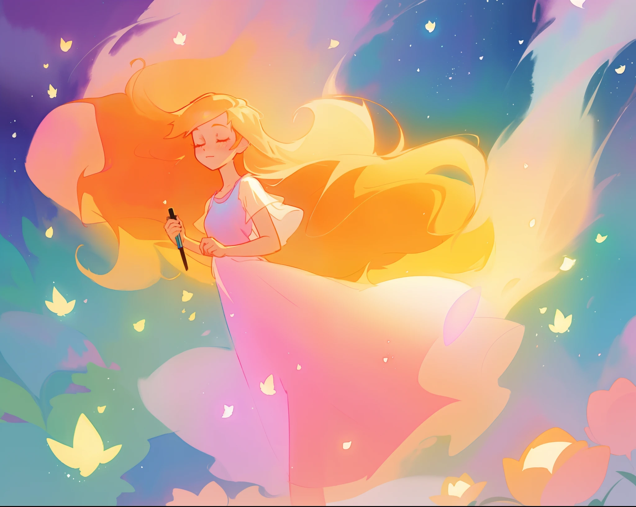 beautiful girl in flowing multi-layered dress, fairy dress, long golden hair, watercolor illustration, inspired by Glen Keane, inspired by Lois van Baarle, disney art style, by Lois van Baarle, glowing aura around her, by Glen Keane, jen bartel, glowing lights! digital painting, flowing glowing hair, glowing flowing hair, beautiful digital illustration, fantasia otherworldly landscape plants flowers, beautiful, masterpiece, best quality, anime disney style